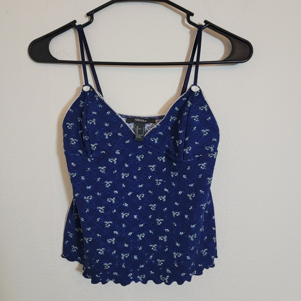 Forever 21 F21 Blue Rosette Eyelet Cami Crop Top Babydoll Sz Small Romantic Boho